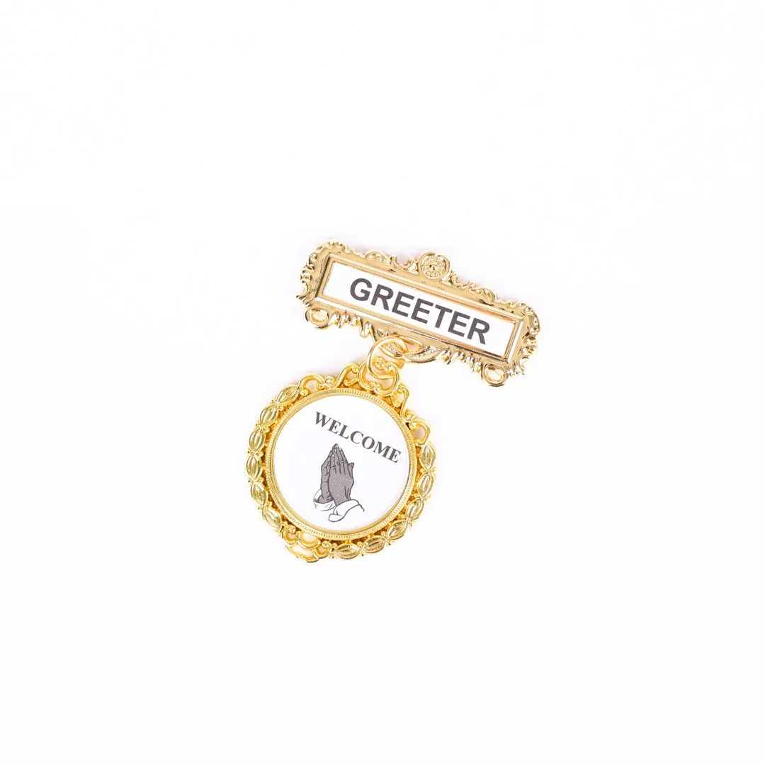 Badge - Fancy Round - Greeter - Ethnic Praying Hands - Pin | Swanson Christian Products