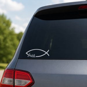 Auto Vinyl Decal – Fish Faith – White – 6Inx2.25In
