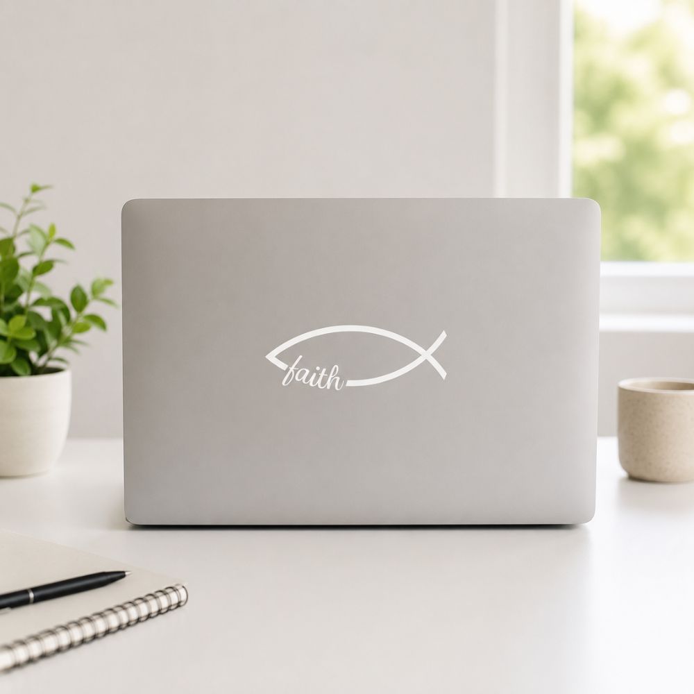 Silver laptop featuring a faith fish vinyl decal with the Christian Ichthys symbol and cursive “faith” lettering, creating a clean and meaningful expression of faith.