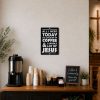 Christian coffee bar decor with faith-inspired metal wall sign, church fellowship coffee station, coffee and Jesus sign, religious home decor, Christian kitchen wall art, inspirational metal sign, church hospitality area decoration, faith-based coffee corner.