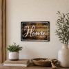 Bless This Home metal wall sign displayed above an entryway table, Christian farmhouse decor, faith-filled home decoration, religious wall art, inspirational family sign, rustic Christian home accent, welcoming faith-based decor.