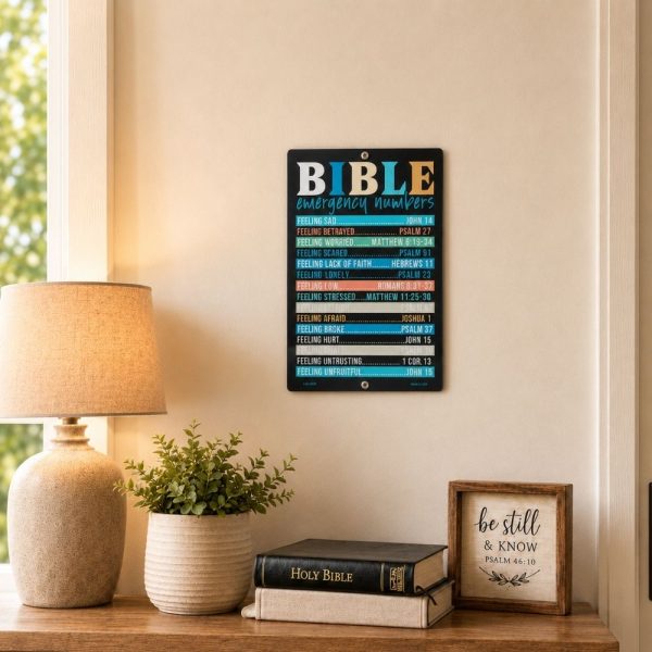 Bible Emergency Numbers metal sign displayed in a Christian home reading nook, inspirational scripture wall art, faith-based home decor, Bible reference sign, religious metal wall decoration, Christian encouragement sign, devotional room accent.