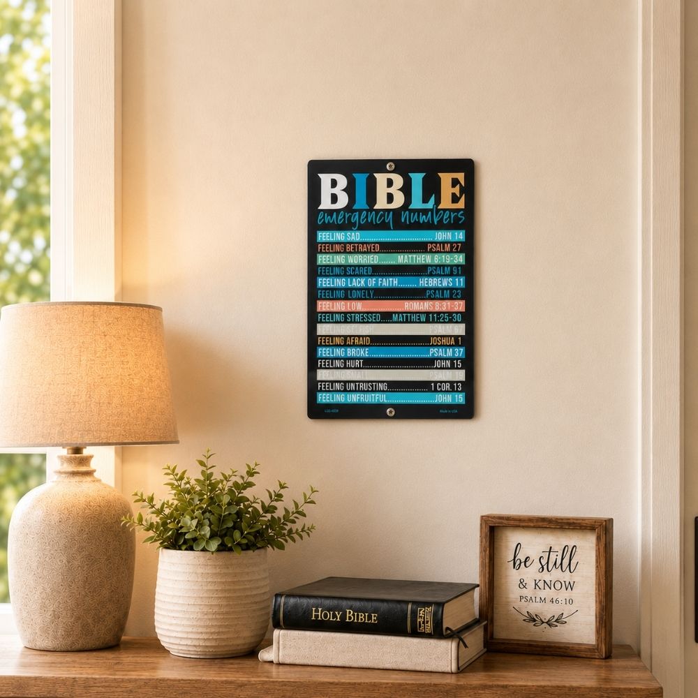 Bible Emergency Numbers metal sign displayed in a Christian home reading nook, inspirational scripture wall art, faith-based home decor, Bible reference sign, religious metal wall decoration, Christian encouragement sign, devotional room accent.