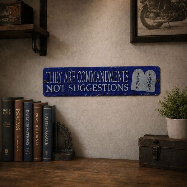 Ten Commandments metal sign displayed in a study or office, Christian wall decor, biblical inspiration sign, religious metal plaque, faith-based office decoration, scripture-themed home accent, Christian study room decor.