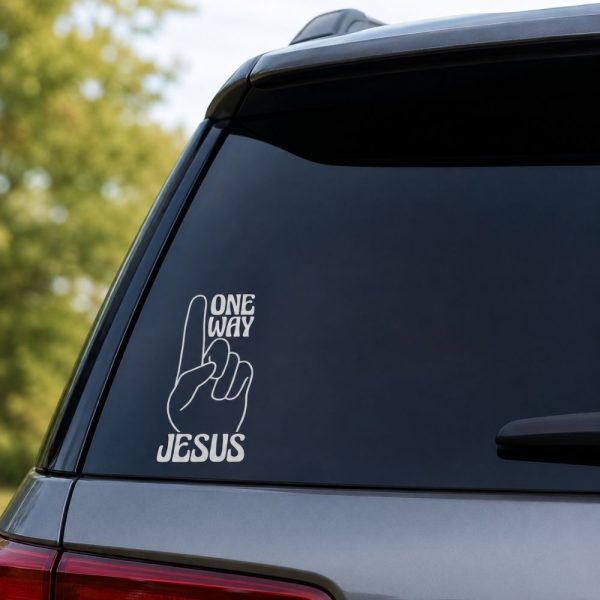 White “One Way Jesus” vinyl decal displayed on a vehicle rear window, featuring a hand pointing upward with the words “One Way” above and “Jesus” below.