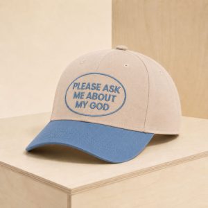 Hat – Please Ask Me About My God – Blue/Tan