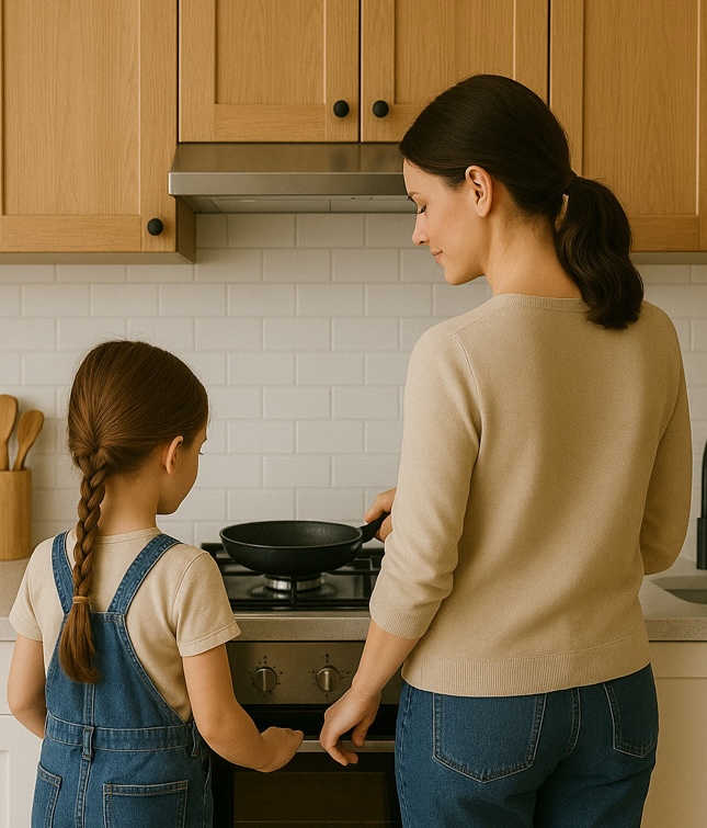mom and daughter cooking in the kitchen
