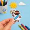 Cute Follow Me Jesus sticker held in hand, colorful Christian kids decal with smiling Jesus and playful Bible-themed background