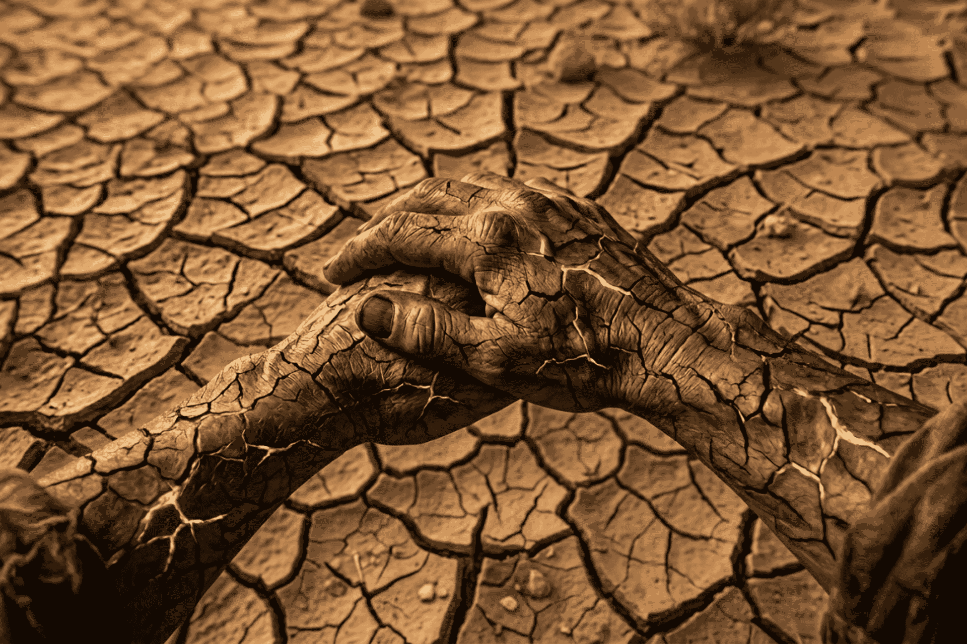 mans hands with cracked arms looking down at cracked dry ground