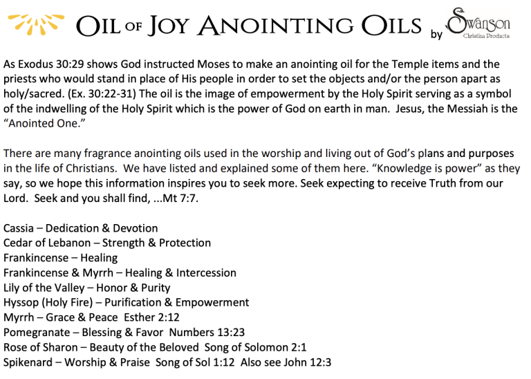 Anointing oil fragrance guide that includes the meaning of the oil of joy fragrances