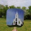 hand held paper fans with white church