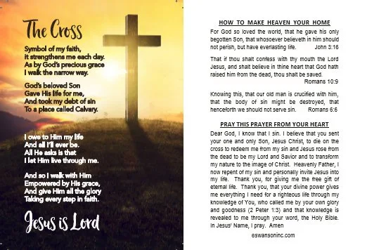 Printable The Cross gospel tract with poem and salvation prayer, front and back
