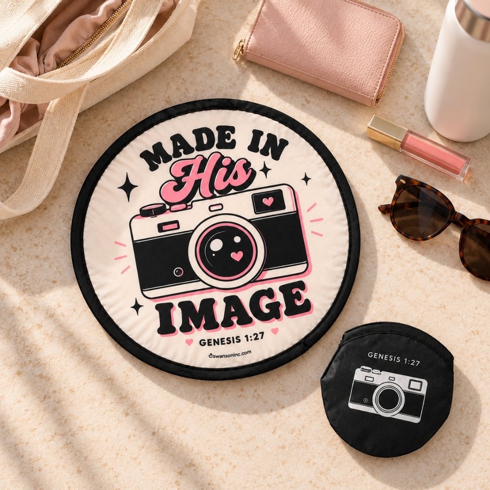 Made in His Image Genesis 1:27 foldable Christian hand fan with camera design