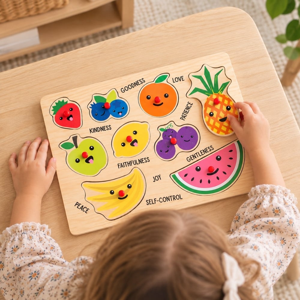 Child playing with colorful Fruit of the Spirit wooden peg puzzle