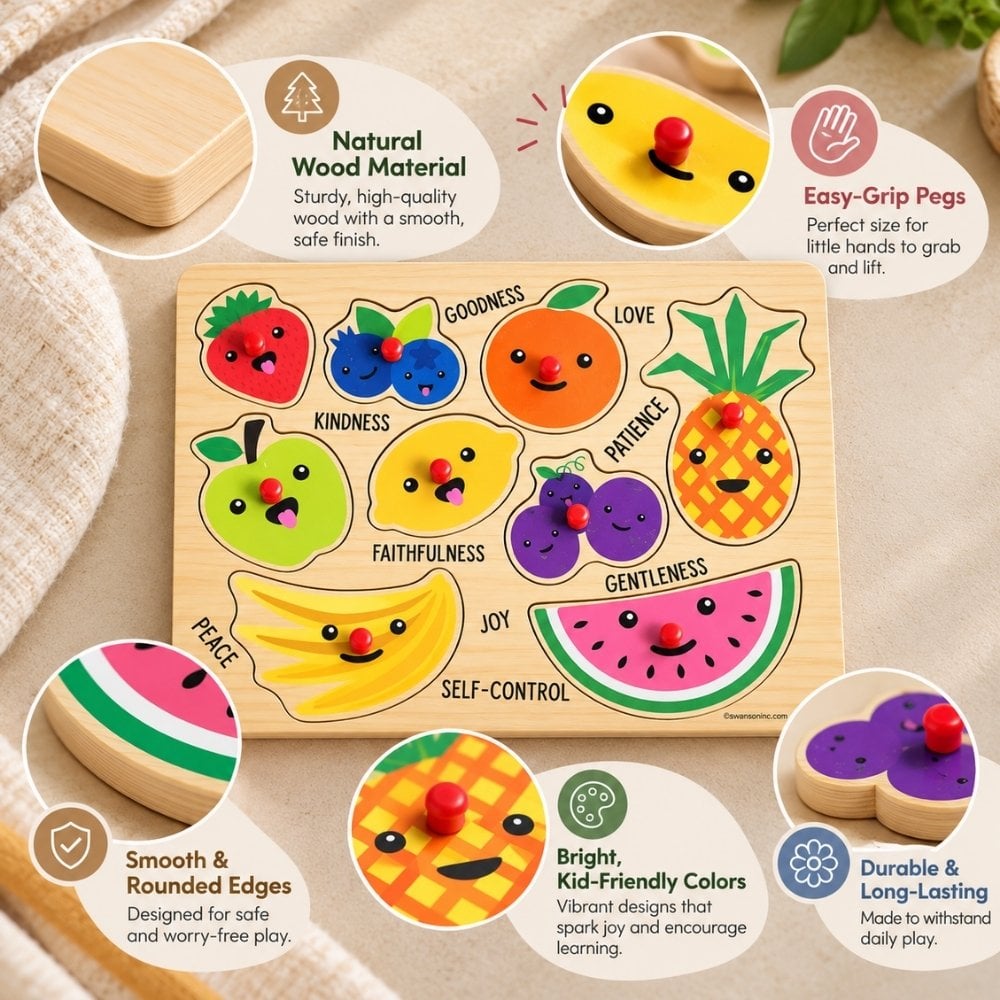 Fruit of the Spirit wooden peg puzzle with smooth edges and easy-grip pieces