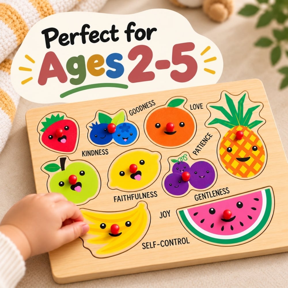 Fruit of the Spirit wooden peg puzzle for kids ages 2–5 with colorful fruit pieces