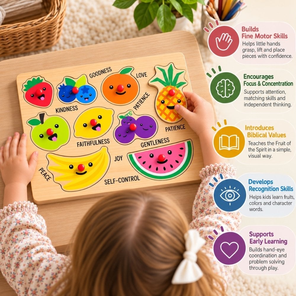 Child playing with Fruit of the Spirit wooden peg puzzle that supports fine motor skills and biblical learning