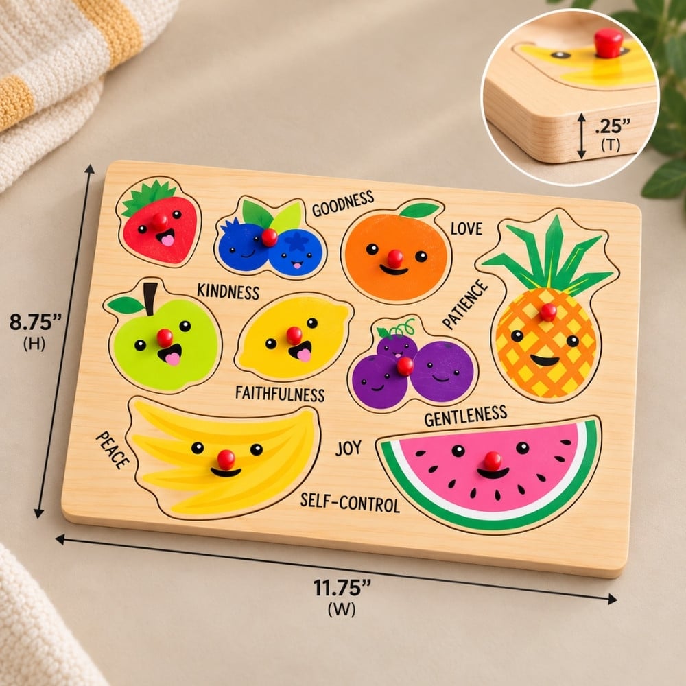 Fruit of the Spirit wooden peg puzzle measuring 11.75 by 8.75 inches