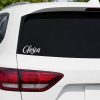 White “Chosen” Christian vinyl decal displayed on the rear window of a white SUV, faith-inspired car decal with elegant script lettering.