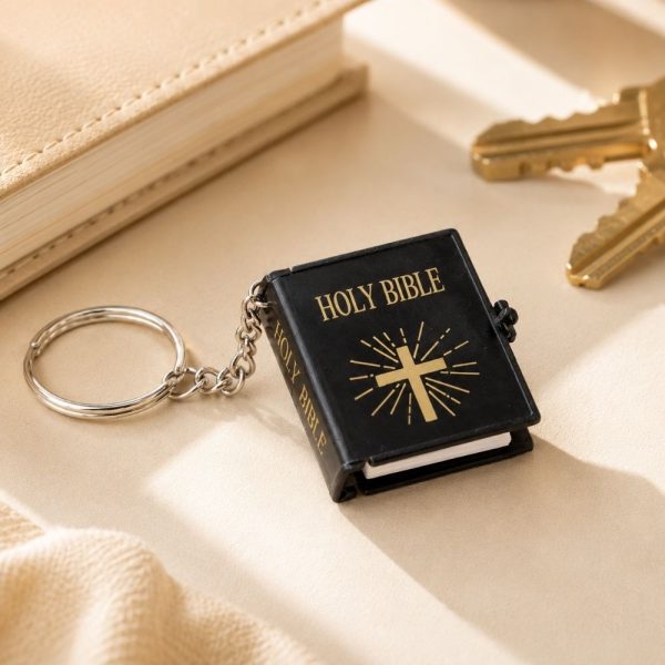 Mini black Holy Bible keychain featuring a gold cross design and realistic book details displayed next to keys and a notebook.