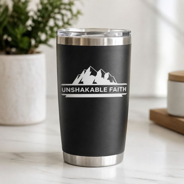 Black insulated tumbler featuring a white Unshakable Faith mountain-themed Christian vinyl decal, motivational faith-inspired drinkware design.