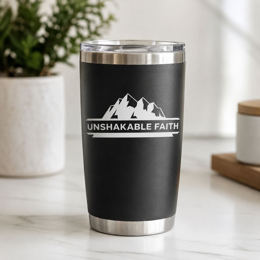 Black insulated tumbler featuring a white Unshakable Faith mountain-themed Christian vinyl decal, motivational faith-inspired drinkware design.