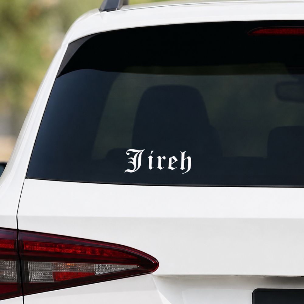 Jireh Christian vinyl decal featuring the name "Jireh" in a classic Gothic-style font, faith-inspired sticker for cars, laptops, tumblers, windows, and other smooth surfaces.