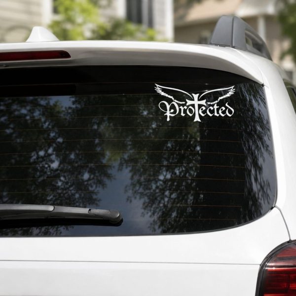 Protected Christian vinyl decal featuring angel wings and a cross integrated into stylized lettering, faith-inspired sticker for cars, laptops, tumblers, windows, and other smooth surfaces.