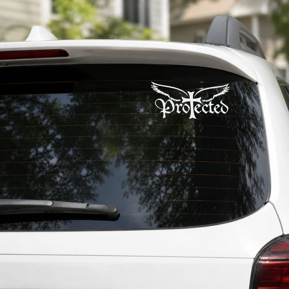 Protected Christian vinyl decal featuring angel wings and a cross integrated into stylized lettering, faith-inspired sticker for cars, laptops, tumblers, windows, and other smooth surfaces.