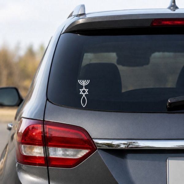 White faith-based vinyl decal featuring a combined symbol of a menorah, Star of David, and Ichthys (Christian fish) displayed vertically on the rear window of an SUV. The design is shown as a clean white decal on dark tinted glass, photographed from the rear driver's-side angle in a realistic outdoor setting.