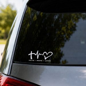 Auto Vinyl Decal – Faith Hope Love – White – 6.5Inx3.5In