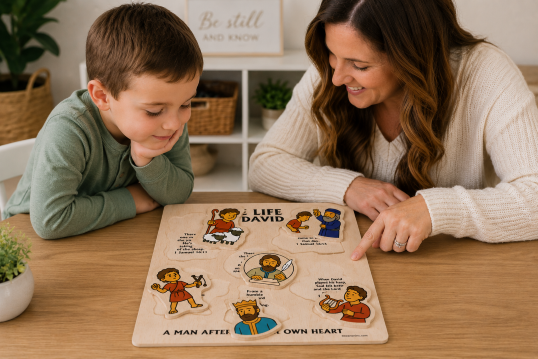 woman pointing to wooden kids puzzle with little boy