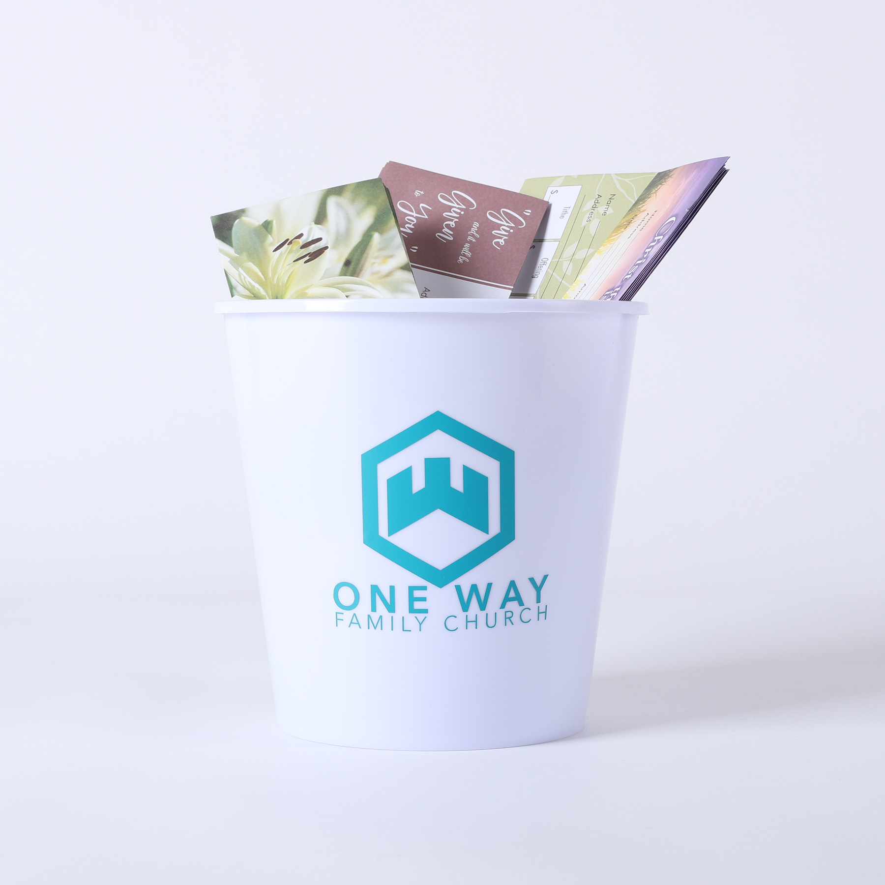 custom offering bucket with offering envelops inside