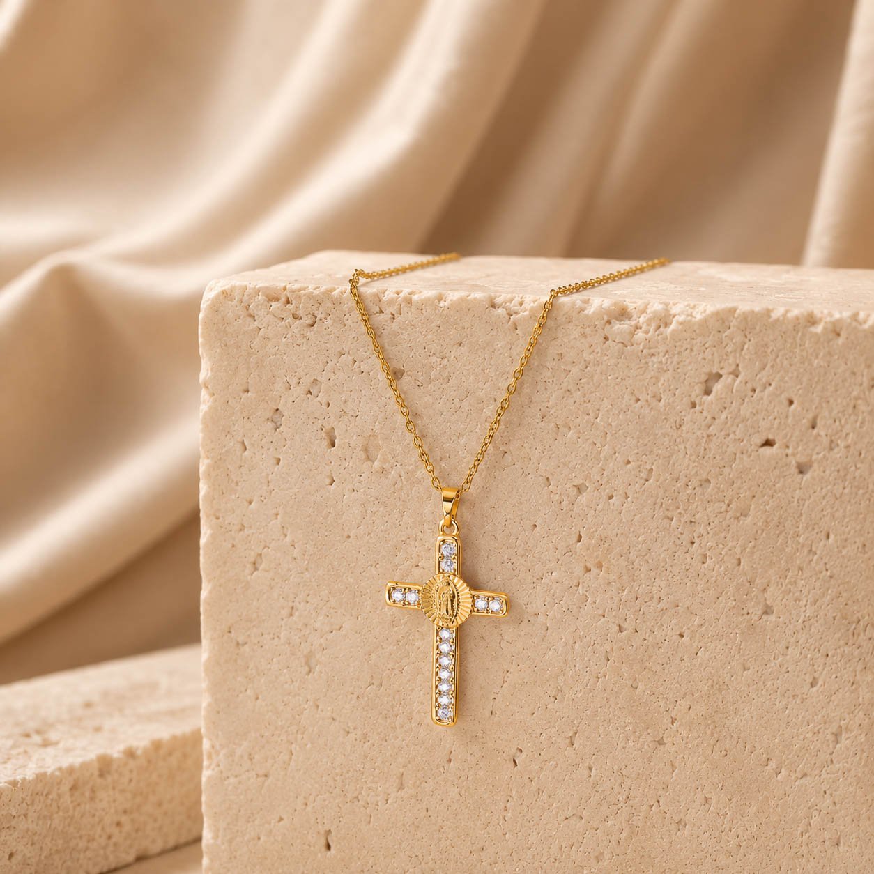 Virgin Mary Cross Necklace in gold tone