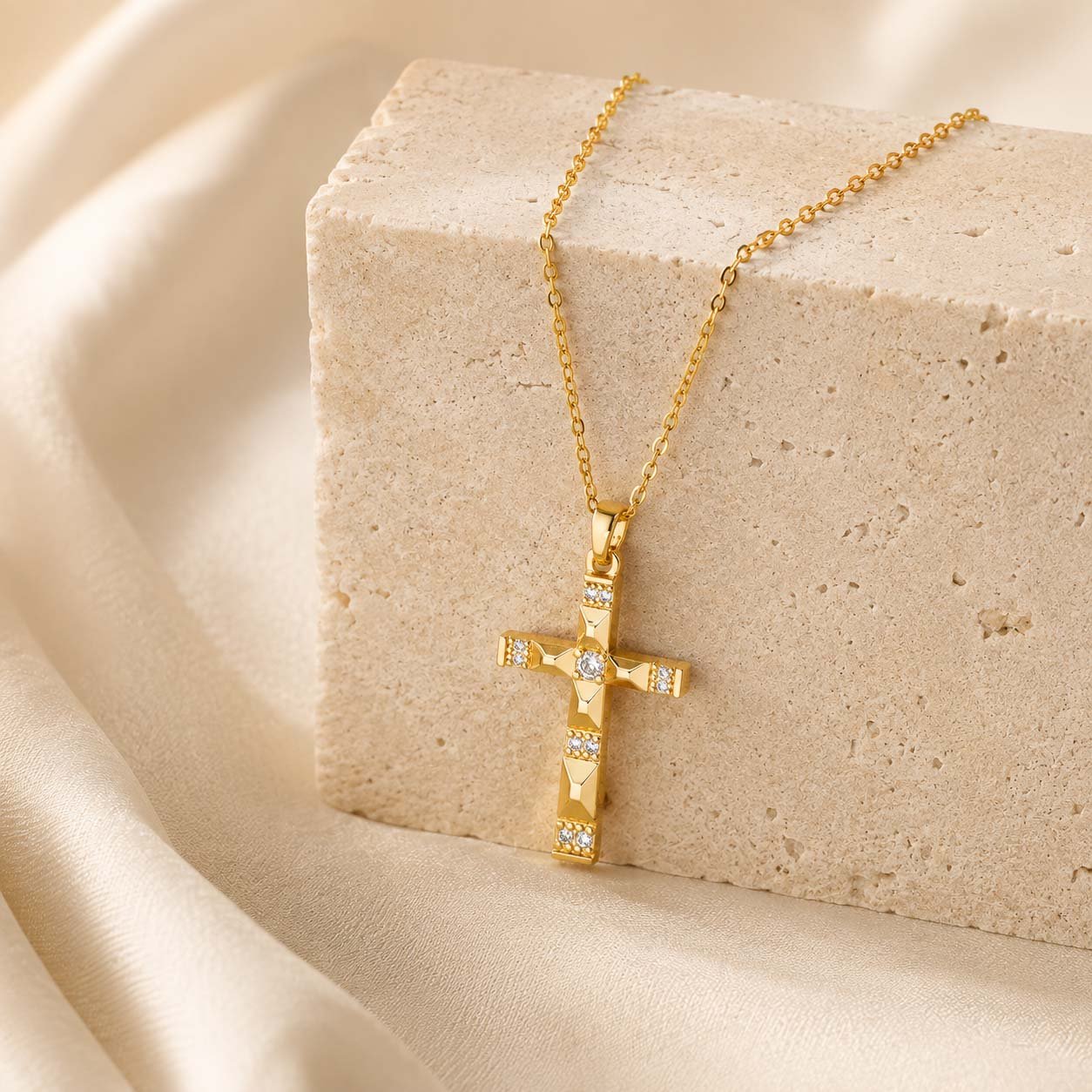 Squared-Edge Cross Necklace in gold tone