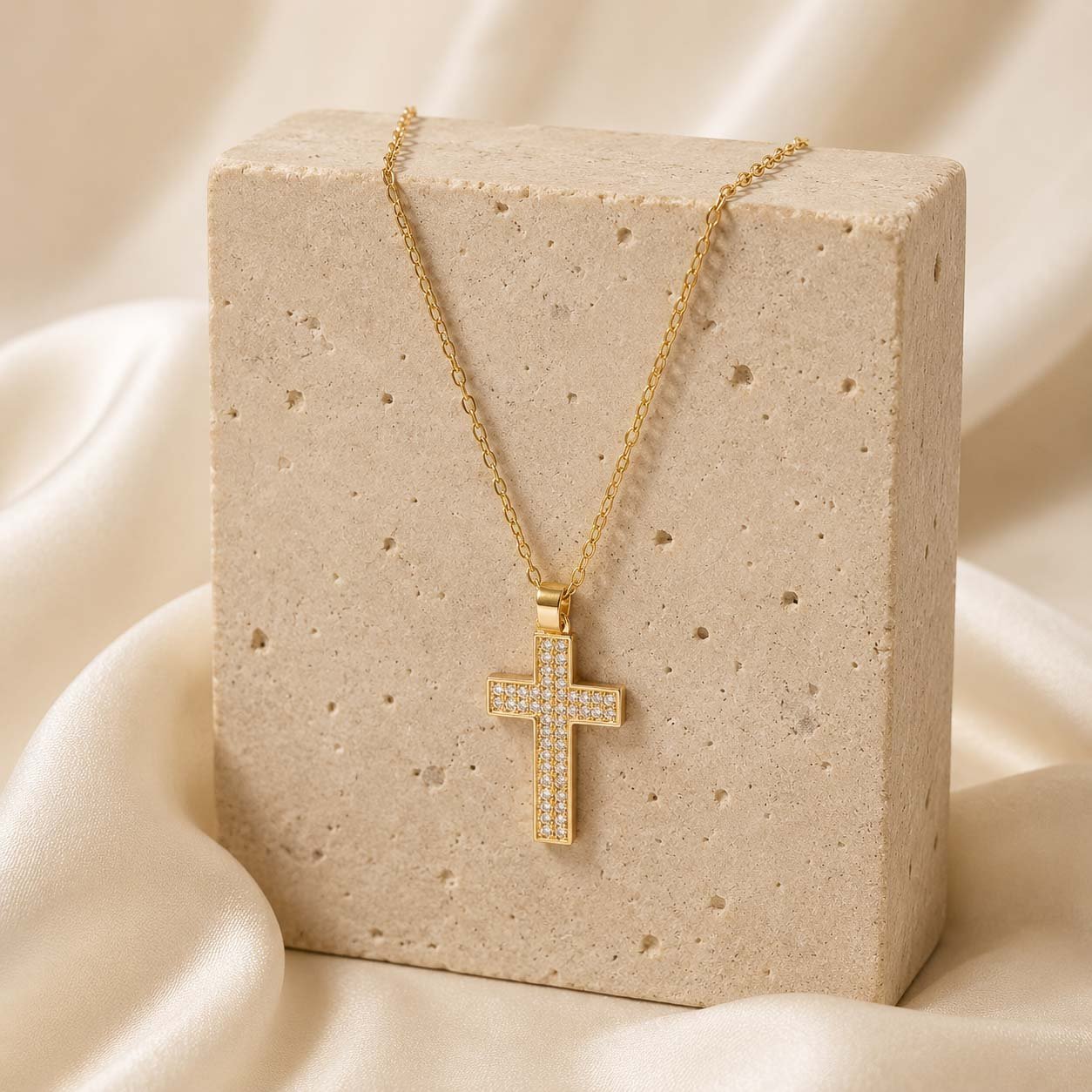 Filled Gemstone Cross Necklace in gold tone