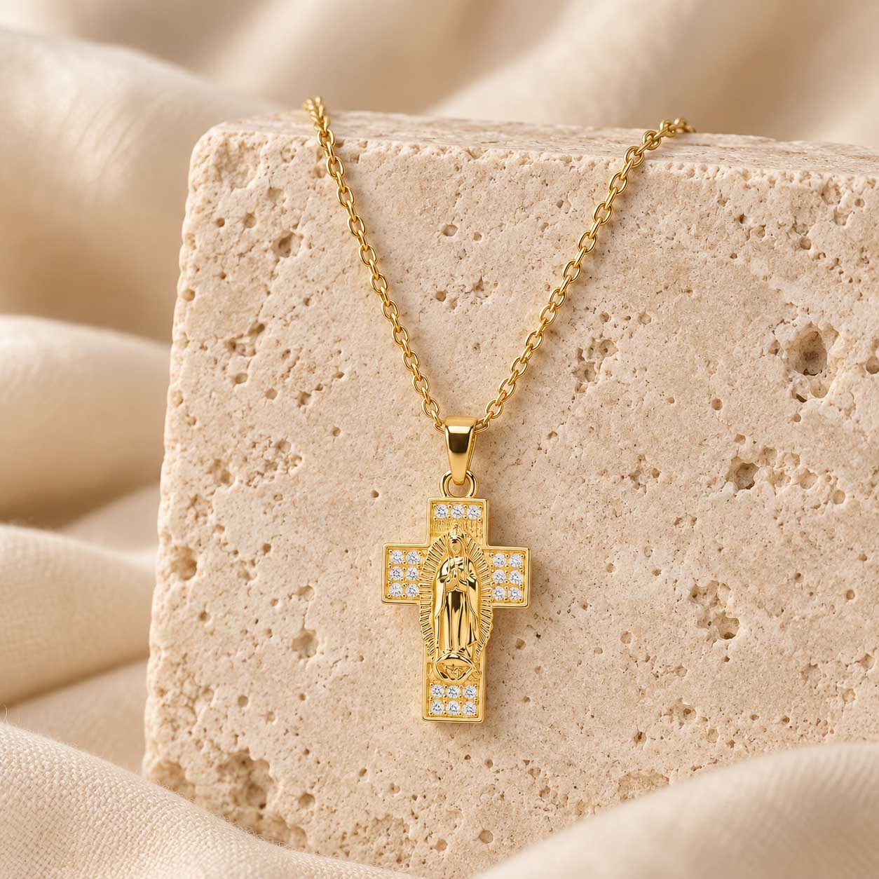 Virgin Mary Wide Cross Necklace in gold tone