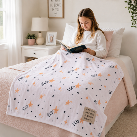 white and star blanket on a bed with a girl reading a book