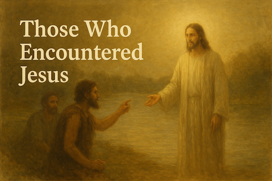 Jesus offering his hand to man on ground